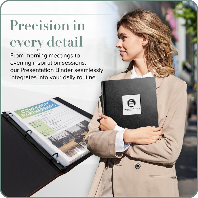 Gallery Leather 3 Ring Binder with Plastic Sleeves  Includes 10 Sheets  Sheet Size: 8.5"" x 11"" - Presentation Binder Rings with Window and Hubbed Spine  Thick: 0.75"" Freeport Black - Image 2